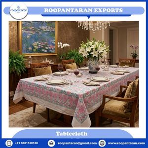 Best Selling Products Elegant Hand Block Floral Printed Cotton Linen 8-10 Seater <b>Tablecloth</b> 180x270 Cm Washable Woven Home Use - Product Image 2