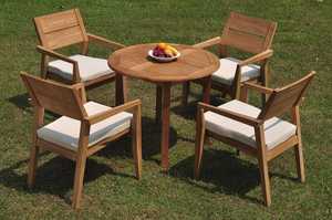 Ensemble de patio en teck massif moderne et durable de luxe pour l'extérieur, table ronde et 4 chaises avec coussins crème - Product Image 4