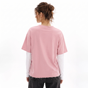 T-shirts à col en V double couche pour femmes, T-shirts en coton brodés effet vieilli à manches longues et double manches, coupe oversize - Product Image 2