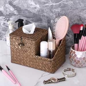 High Quality Seagrass Tissue Box Holder with Side Organizer Vintage Style <b>Square</b> Shape for Tableware Bathroom Home Office - Product Image 6