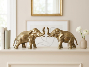Juego de Estatuas de Pareja de Elefantes Hechas a Mano, Acabado Dorado, Figuras Decorativas de Elefantes con Troncos Elevados, Elegantes Figuras de Animales de Metal - Product Image 5
