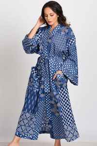 Robe kimono en coton indigo imprimé au bloc indien, faite à la main, pour la détente, séchage rapide, été et printemps - Product Image 3