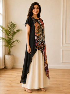 Nouvelle arrivée Robe longue à manches courtes à col rond imprimée multicolore noire pour femmes, double couche, de haute qualité, vêtements décontractés - Product Image 5