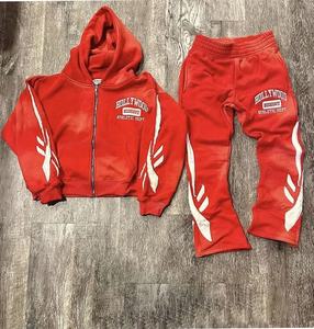 ผู้ผลิต Sweatsuit ฝรั่งเศสเทอร์รี่ด้อยกรดล้างซิปขึ้นแพทช์เย็บปักถักร้อยเปลวไฟกางเกงวอร์มและ Sweatsuit เสื้อมีฮู้ด - Product Image 1