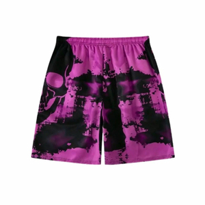 Short de bain décontracté pour homme, imprimé crâne violet, séchage rapide, taille mi-haute avec cordon de serrage, 100 % polyester - Product Image 2