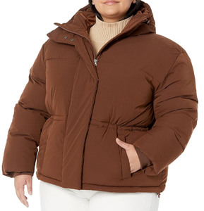 Brown Hooded Puffer Jacket Women Winter Casual Zipper Closure Thick Polyester Wadding Short Length Windproof Solid Color - Product Image 4