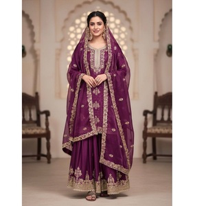 Good Selling Purple Gmy Silk <b>Kurta</b> Palazzo Suit <b>for</b> <b>Women</b> with Heavy Sequin Embroidery <b>for</b> Traditional Indian Wear Bulk Supplier - Product Image 1