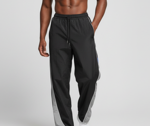 Pantalon de survêtement noir pour homme avec bande latérale grise, taille élastique et cordon de serrage, pantalon de sport décontracté en tissu tricoté respirant de poids moyen - Product Image 6