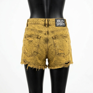 Shorts en jean délavé jaune 380 en denim de coton épais, ourlet brut déchiré, logo personnalisé imprimé, shorts pour femme - Product Image 3