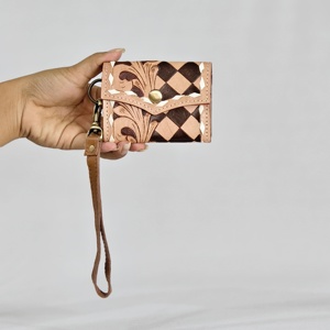 Handmade Genuine Leather <b>Card</b> Holder Brown Black Checkered Floral Embossing Vintage Button Closure Women Short <b>Wallet</b> - Product Image 2