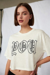 Women's <b>Cream</b> <b>Crop</b> <b>Top</b> Crew Neck Short Sleeve Letter Print Casual T-Shirt Regular Fit Spring Summer 100% Cotton Jersey - Product Image 3