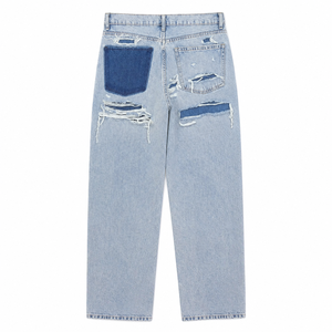 Women's Cotton Lightweight Mid Waist <b>Light</b> Wash Ripped Straight Leg Denim Jeans Distressed Casual Streetwear <b>Trousers</b> OEM ODM - Product Image 2