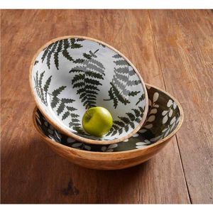 Bol à salade en bois décoratif avec motif floral vert, personnalisé et imprimé, revêtu d'émail, fait main - Product Image 6