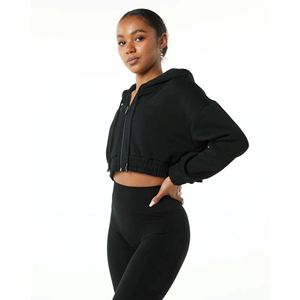 Windproof Solid Color Women's Cropped Hoodies Drop Shoulder Long Sleeve Pullover Casual Solid Knitted Sweatshirts Hoodie - Product Image 4