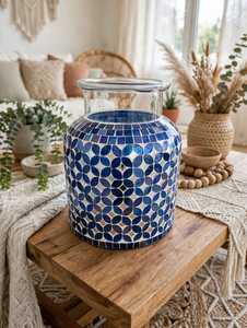 Support de Bougie en Mosaïque de Verre Bleu, Porte-Bougie Décoratif Fait Main, Pot à Lampe Anti-Goutte, Sans Parfum, pour Intérieur, Maison, Mariage, Table - Product Image 1