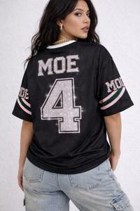 Maillot de football américain personnalisé rose et noir avec strass pour femme, coupe oversize, manches courtes, style streetwear Y2K, brillant, vente en gros OEM - Product Image 4