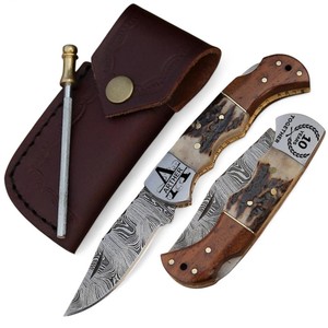 Cuchillo Plegable de Acero de Damasco Multifuncional de Lujo para Exteriores, con Mango de Cuerno de Ciervo y Madera de Palisandro, Táctico, de Supervivencia, de Bolsillo, Plegable, EDC - Product Image 1