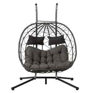 Sedia a dondolo a uovo per 2 persone da interno/esterno con supporto, sedia a cesto sospesa in vimini per arredamento da patio - Product Image 3