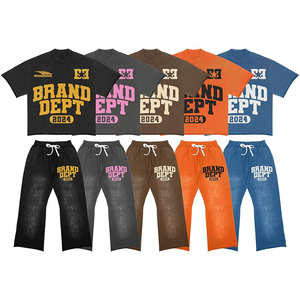 Ensemble survêtement homme streetwear été, t-shirt vintage délavé 100% coton et pantalon évasé, effet délavé à l'acide, fabrication usine - Product Image 1