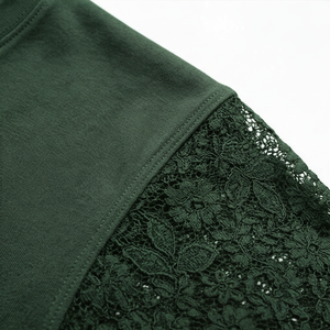 Camiseta de Manga Corta Verde para Mujer, con Mangas de Encaje, Cuello Redondo, Informal, Transpirable, de Poliéster Tejido, para Primavera - Product Image 4