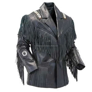 Chaqueta de Cuero Estilo Vaquero para Hombre, con Flecos y Cuentas, de Cuero Vacuno Original, Hermosa Chaqueta Vaquera - Product Image 1