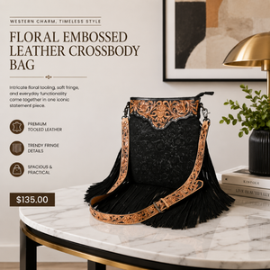 Bolso Bandolera de Cuero con Estampado Floral y Flecos, Estilo Vaquero Occidental, Bolso de Hombro Boho Hecho a Mano para Mujer - Product Image 2