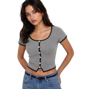 Women's Ribbed <b>Crop</b> <b>Top</b>, Short Sleeve, Button-Front, Contrast Trim, Fitted Style, Y2K <b>Top</b>, Going Out Everyday Wear, 100% Cotton - Product Image 3