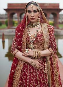 Burgundy Bridal <b>Lehenga</b> Set Floor-Length Traditional Heavy Embroidered A-Line Silhouette Wedding Blouse Dupatta Net Party Outfit - Product Image 2