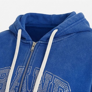 Ensemble sweat-shirt à capuche zippé et short orné de strass personnalisés pour femme, tenue décontractée en molleton bleu deux pièces - Product Image 4