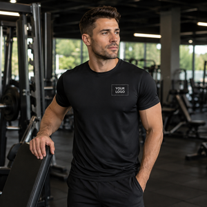 T-shirt pour homme noir à séchage rapide, manches courtes, col rond, coupe classique, tissu jersey, logo personnalisé imprimé sur le devant, style décontracté - Product Image 5