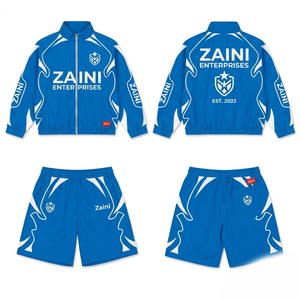 ชุดเซ็ตเสื้อแจ็คเก็ตกันลมสีน้ำเงินขาว ผ้าโพลีเอสเตอร์ทัสลอนพรีเมียม 280 GSM พร้อมโลโก้แบบซับลิเมชั่นสั่งทำพิเศษ OEM - Product Image 1