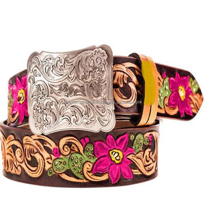 Ceinture d'outillage en cuir de style occidental monocouche pleine fleur sur mesure pour hommes avec boucle florale en alliage de zinc nickelé - Product Image 4