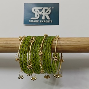 Premium Olive Green <b>Glass</b> <b>Bangles</b> Set with Gold Ghungroo Charms Handmade Traditional Indian Jewelry for Women - Product Image 3