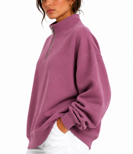 Sudadera de forro polar para mujer, oversize, con media cremallera, manga larga, color liso, hombros caídos, dobladillo asimétrico y cuello con capucha, para invierno - Product Image 2