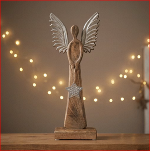 Centre de table de Noël en bois, ange artisanal, décoration de table de fête, ornement à ailes métalliques pour événements festifs - Product Image 5