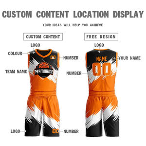 Ensemble de maillots de basket-ball sublimés personnalisés, orange, noir, blanc, col en V, sans manches, séchage rapide, uniforme d'équipe unisexe pour adultes avec logo - Product Image 6