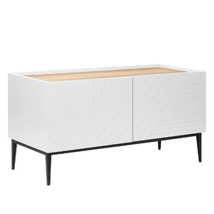 Hot-selling modern white 2-door storage <b>sideboard</b> with a light wood top and black metal legs. - Product Image 1