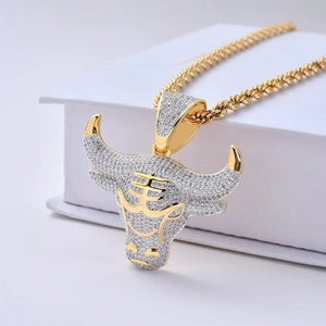 Pendentif Tête de Taureau en Or avec Pierres Moissanite, Argent 925 Plaqué Rhodium, Bijoux Hip Hop Unisexe - Product Image 5