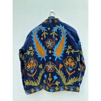 Veste bomber en velours de coton écologique tricotée et brodée à la main, col mandarin, manches longues, motif floral, courte, automne-hiver