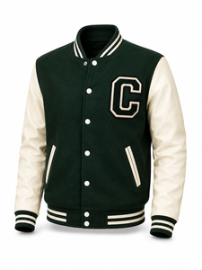 Veste universitaire unisexe verte personnalisée avec logo, broderie frontale lettre C, col rabattu, simple boutonnage, en tissu de laine - Product Image 1
