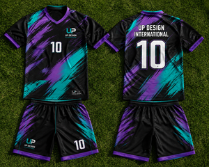 ชุดเสื้อฟุตบอลและกางเกงขาสั้นสีดำม่วงเขียวแบบซับลิเมชั่น ระบายอากาศได้ดี ผลิตจากโพลีเอสเตอร์ ชุดยูนิฟอร์มทีมฟุตบอล ชุดกีฬา - Product Image 6