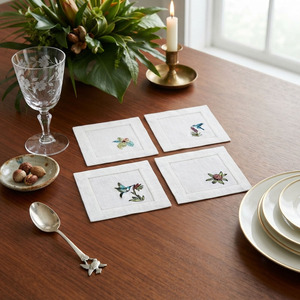 Servilletas de cóctel con diseños de flores y pájaros bordados, servilleta de bebida de Hemstitch de lino blanco de 6x6 'para bodas, hogar, Hotel - Product Image 2