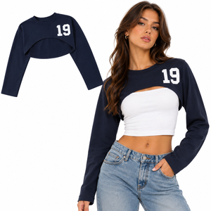 Premium Layered <b>Shrug</b> Extreme Crop <b>women's</b> shirt Long Sleeve Crew Neck Custom Number Print Cotton Varsity Graphic Bolero Top OEM - Product Image 1