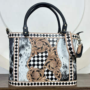 Sac fourre-tout en cuir à fleurs et à carreaux, fait main, de luxe, en cuir de vache véritable, sac bandoulière bohème, sac à bandoulière tendance pour femmes - Product Image 4