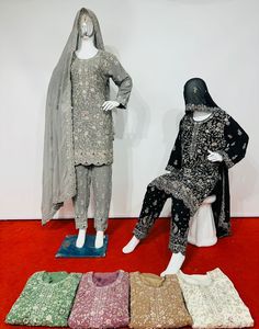 Ensemble royal de luxe pour femmes pantalon et haut épais Dupatta Sikwans embellissements de travail vêtements indiens pakistanais pour un appel royal - Product Image 5