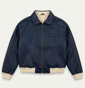 Custom <b>Men</b>’s Navy Blue Genuine Leather <b>Bomber</b> <b>Jacket</b> – Embossed Logo <b>Varsity</b> Style – Premium Lambskin Outerwear with Ribbed Trim - Product Image 1