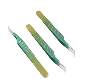 Ensemble de pinces à cils Green Diamond Grip, 3 pièces, acier inoxydable, forme en L, applicateurs classiques pour extensions de cils, professionnels - Product Image 1