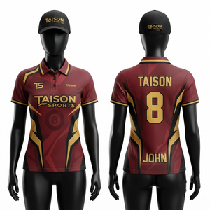 เสื้อสนุกเกอร์หญิง 180 GSM ผ้าโพลีเอสเตอร์เบิร์ดอายคุณภาพพรีเมียม สีแดงเลือดหมู ดำ ทอง พร้อมโลโก้พิมพ์ลายตามสั่ง - Product Image 1