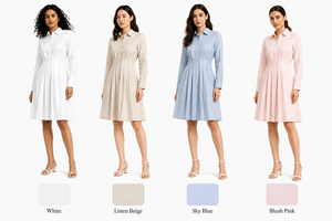 Robe chemise élégante en coton pour femme, taille plissée, entièrement boutonnée, coupe trapèze, avec poches, pour le travail, couleur unie, vente en gros - Product Image 4