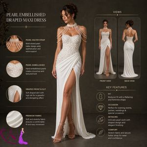 Robe de mariée luxueuse et moderne ornée de perles, col cœur |   Robe de mariée sirène sans bretelles avec fente haute sur la cuisse, élégante et de créateur - Product Image 5